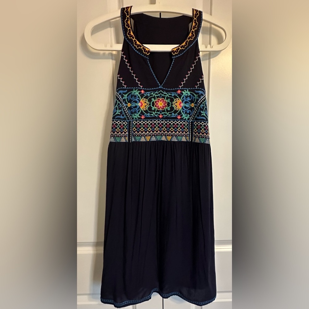 Navy Blue Halter Dress- MEDIUM. Colorful stitching